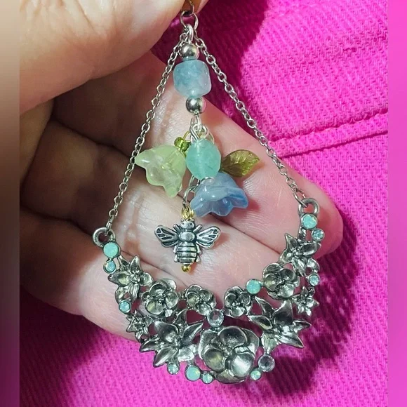 Vintage Upcycled Floral Silver Green and Blue Dangle Earrings - Picture 4 of 10